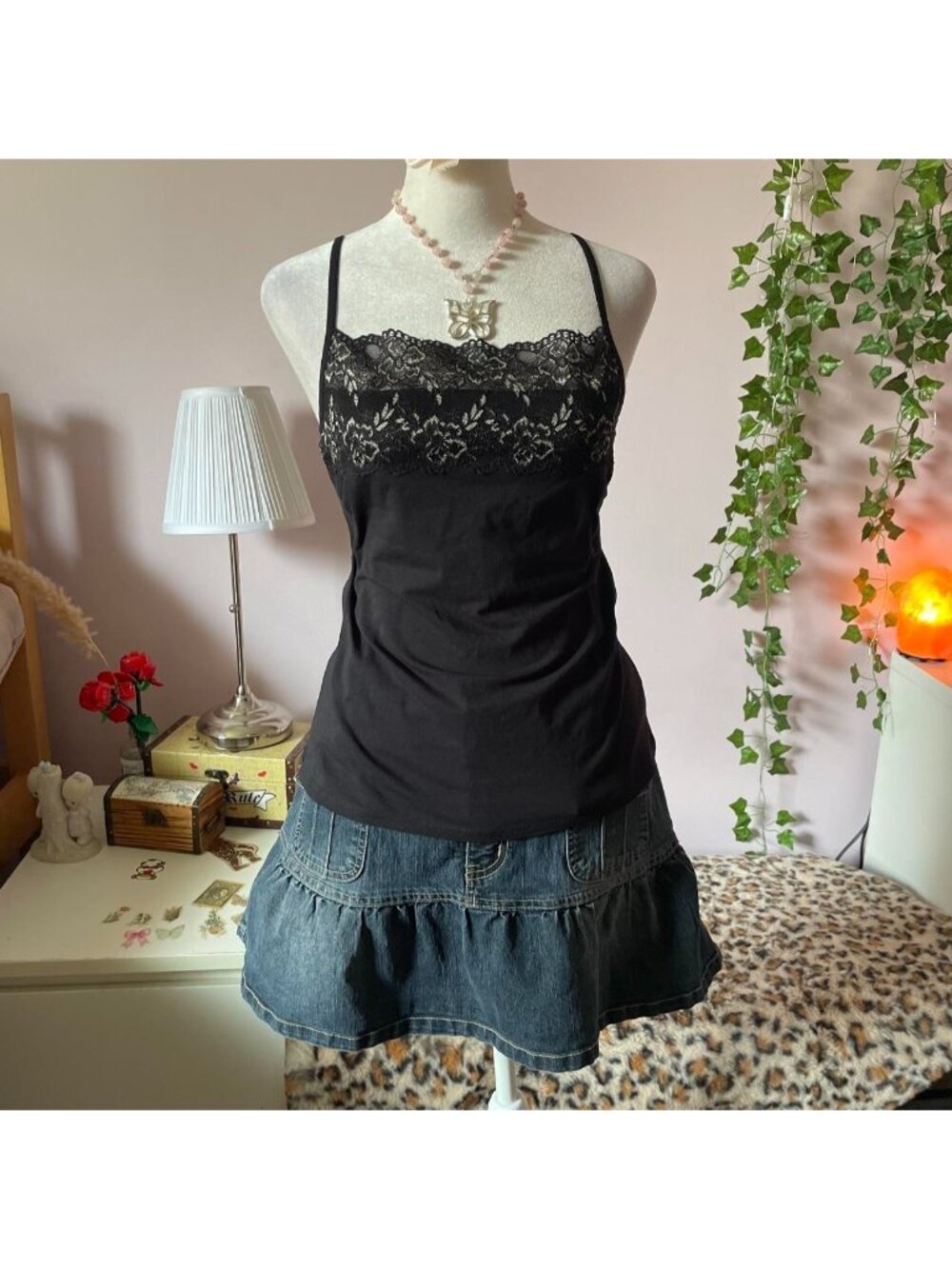 Black lacy cotton cami top